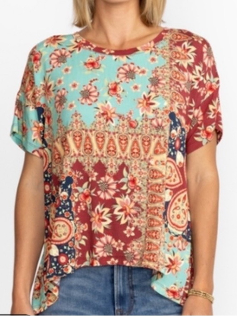 Johnny Was Patchwork Floral Short Sleeve Top - Teal & Burgundy
